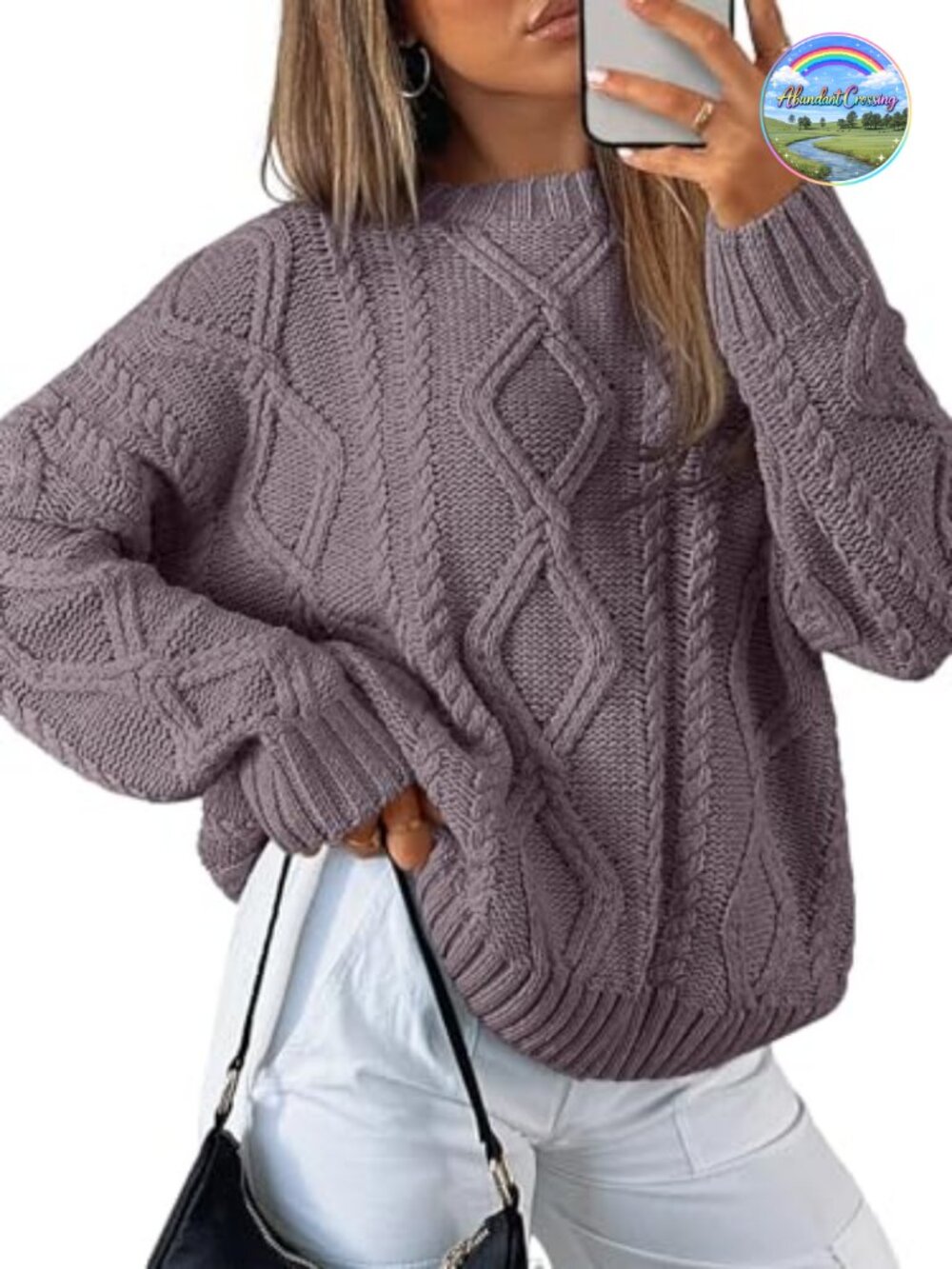 Oversized Cable Knit Pullover Sweater Women's Cozy Cotton Blend Crew Neck Long